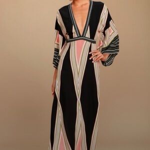 NWT Lulu's Black and Pink Montecito Geometric Maxi Dress